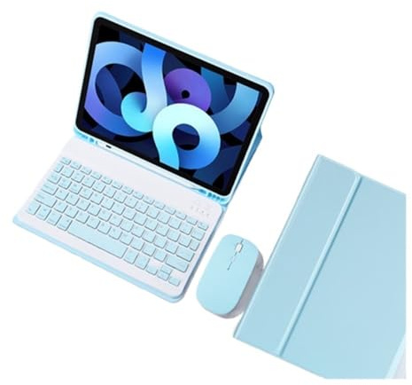 kuaijiexiaopu Abnehmbare Tastatur mit integrierter Stifthalterung, Klapp-Schutzhülle aus Leder, kompatibel mit iPad Air5/Air4 10,9 Zoll(Sky Blue+Keyboard+Mouse)