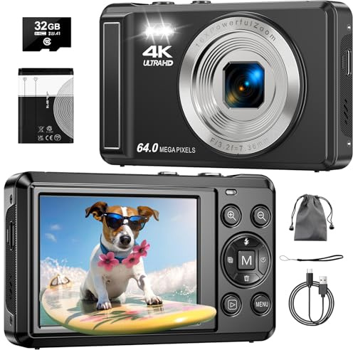 4K 64MP Digitalkamera, 2.8 Zoll UHD Autofokus Fotoapparat mit 16X Digitalzoom Tragbar Kompaktkamera mit 1200mAh Batterie & 32GB TF-Karte für Kinder Teenager Anfänger