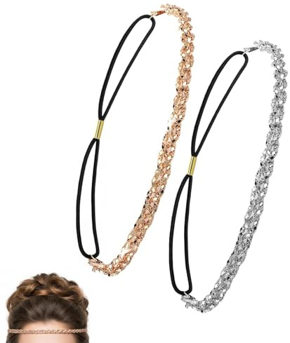 HUILLIGHT Serre Tete Paillette Femme Bohême 2PCS Chaîne De Tête De Bandeau Tressée Femme Élastique À Cheveux Paillettes Strass Cheveux Accessoires Mode Femmes pour Mariage Soirée Fête Cosplay Élégant