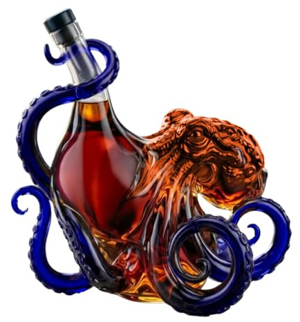 3D Octopus Decanter, 350ml Kraken Rum Glass High Borosilicate Liquor Bottle, Whiskey Decanter for Wine, Drip-Proof Bar Decor, Collectible Gift for Marine Lovers Men (Blue)