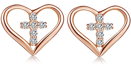 Yumilok Damen Ohrstecker Ohrringe Roségold Herz Kreuz Zirkonia 925 Sterling Silber Hypoallergen Ohrschmuck für Damen Frauen Mädchen