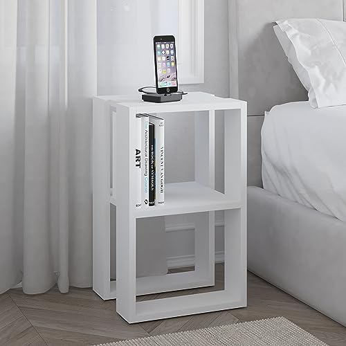 HOCUS PICUS Modern Nightstand Bedside Table | Stylish Multi-Functional Side Table for Bedroom, Living Room, Office | 2-Tier Lamp Holder & Coffee Table | Easy to Assemble | 30 x 34 x 55 cm (White)