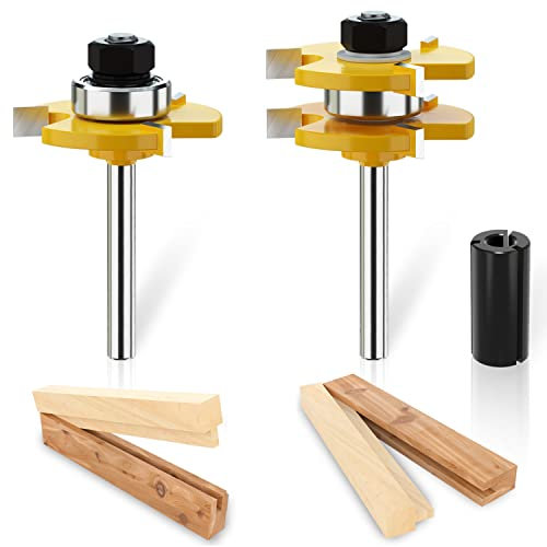 1/4'' Shank Matched Tongue and Groove Router Bit Set Wood Milling Saw Cutter New Woodworking Tools 3 Teeth T Shape Wood Milling Cutter(2 Pack)