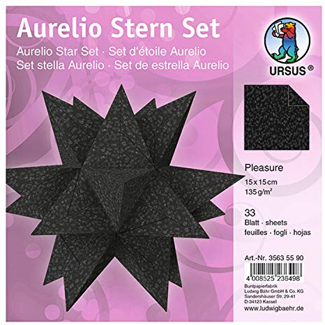 Ursus 35635590 - Faltblätter Aurelio Stern Pleasure, schwarz, 33 Blatt, aus Papier 135 g/qm, ca. 15 x 15 cm, beidseitig bedruckt, ideal als Weihnachtsdeko