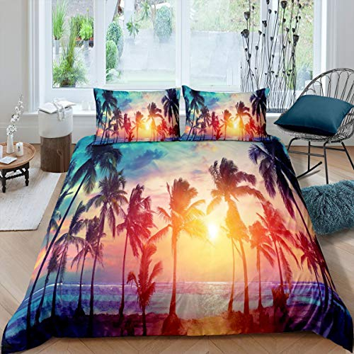 Homewish Palme Bettbezug Atoll Lake Bettwäsche Set Miami Florida Sonnenuntergang Trösterbezug FÜR Kinder Jungen Mädchen Teen Atlantik NatÜRliche Szene Mit 1 Kissenbezug 135 ×200 Gold Blau Schwarz