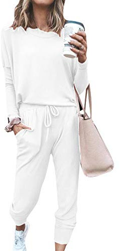 EFOFEI Damen Basic Zweiteiliger Schlafanzug Lang Weich Damen Lounge Sets Pyjama Set Baumwolle Weiß S