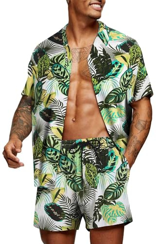 COOFANDY Herren Hawaii Hemd Sommerhemd Kurzarm Blätter Shirt und Shorts Hemd Set Strandhemd Urlaub L