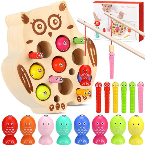 MOOING Magnetische Angelspiel Holzspielzeug, Montessori Spielzeug ab 2-5 Jahre, Kinder Holzspielzeug Angelspiel, Lernspielzeug Motorikspielzeug, Eule Angelspiel Magnetspielzeug Kinderspielzeug