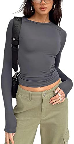 Springcmy Women's Slim Fit Crop Tops Casual Solid Color Crew Neck Long Sleeve Tight T-Shirt Basic Baby Skim Dupe Blouse Tee Tops(A1-Gray, S)
