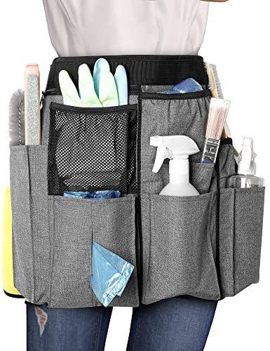 LoDrid Delantal de limpieza para el hogar con 9 bolsillos, bolsa de limpieza profesional con cinturón ajustable, delantal de suministros de limpieza resistente al agua para el trabajo, gris