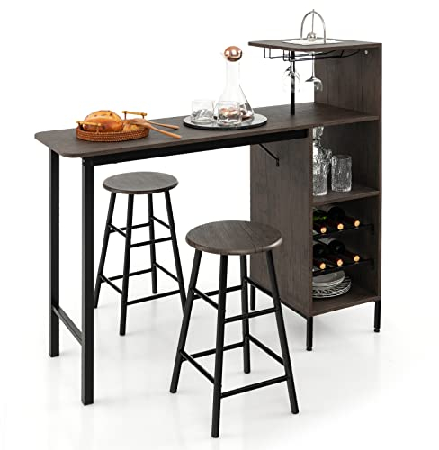 GIANTEX Hoher Tisch mit Hockern, 3 Stück, Tisch und Theke, Halbinsel Küche mit Hockern, Bistrotisch in quadratischer Form 120 x 40 x 90 cm, 4 Farben (braun)