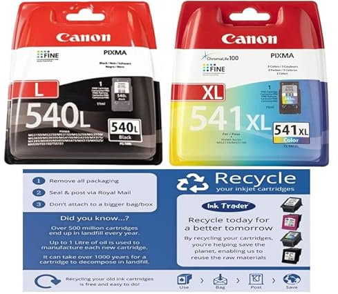 Canon PG-540 L & CL-541 XL Genuine Ink Cartridges For Pixma Printers & Freepost Recycling Pack - Packaging May Vary