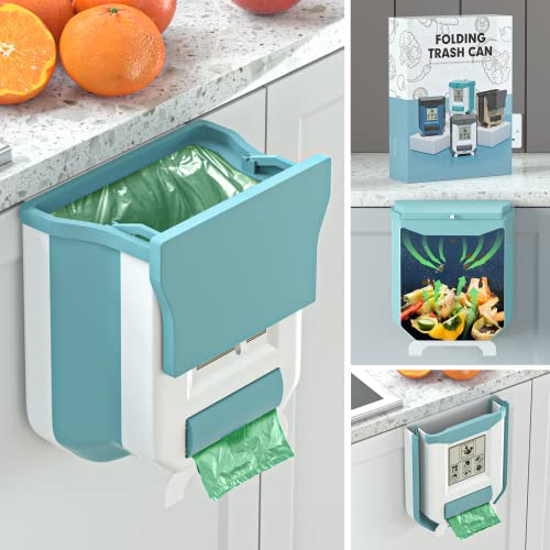 Gintan 2.4 Gallons Foldable Kitchen Door Bin,Hanging Trash Bin with Lid,Compost bins for Kitchen/Camping/RV/Car/Bathroom/Office/Bedroom (Blau)