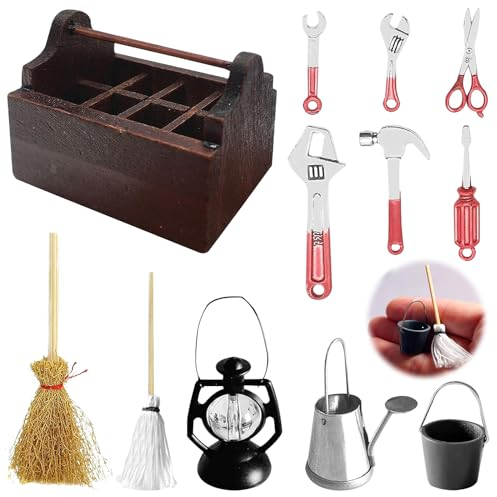 LETTERASHQP 12 Stück Miniatur Werkzeug, Miniatur Werkzeugkasten mit Werkzeug, Miniatur Puppenhaus Set, Miniatur Holz Toolbox, Miniatur Garten Deko Öllampe Eimer Kehrbesen Mopp Gießkanne, Mini Ornament