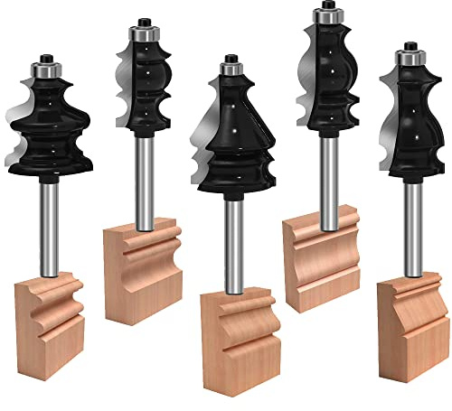 MAYLINE Router Bits Sets 1/4 Inch Shank 5 PCS, Woodwork Milling Groving Cutter Router Bit Set, Wood Miter Cabinet CNC Cutting Tool for Doors Table Shelves DIY (1/4-H2G)