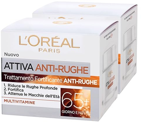 L'Oréal Paris Attiva Antirughe Crema Viso Giorno e Notte Trattamento Fortificante con Multivitamine per Pelli Mature - 2 Barattoli da 50ml