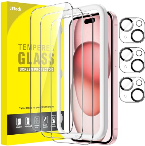 JETech Protector de Pantalla para iPhone 15 6,1 Pulgadas y Protector Lente Cámara, Sin Burbujas, Marco de Instalación Fácil, Cristal Vidrio Templado, HD Transparente, 3 Paquetes Cada Uno