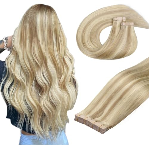 DOORES Extensions Echthaar Tape in, Dunkelblond Hervorgehobenes Bleichblond 50cm (20zoll) 100g 40pcs, Hair Extensions Echthaar Remy Haar Natural Hair