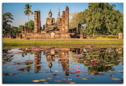ARTLAND Wanddeko Leinwand Bilder Wandbild 90x60 cm Natur Teich Idyll Tempel Statue Buddha Buddhismus Wat Mahathat Thailand U4XI