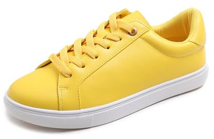 Feversole Damen Mode Leicht Frühling Sommer Veganes Leder Sneaker Casual Komfort Walking Schuhe, Zitrone Farbe Weiß Sohle Big Eyelet 37
