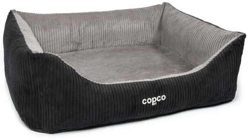 CopcoPet Hundebett Kyra Cord Schwarz/Grau L 90 x 70 cm – Flauschiges Hundekörbchen mit hohem Rand & Einstieg – Waschbarer Bezug – Rutschfestes, bequemes Hundekissen für mittelgroße Hunde