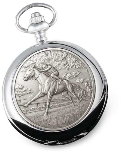 De Walden Horse Racing Gift for Men Pewter Analogue Pocket Watch with Chain Retirement Birthday Graduation Anniversary Christmas Any Occasion