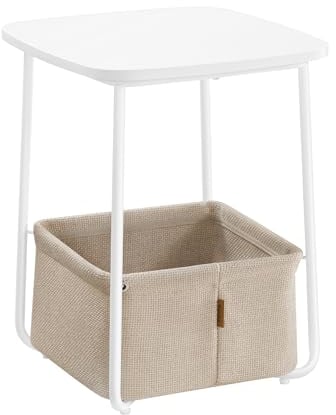 VASAGLE Side Table, End Table with Fabric Basket, Modern Nightstand, Square Bedside Table, for Living Room, Bedroom, Matte White and Camel Brown LET229W10