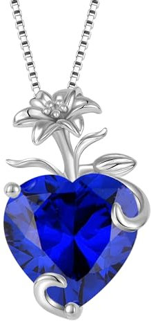 YL Collier Cœur Argent 925 taillé Septembre Pierres de Naissance Saphir Fleur de lys Pendentif pour Femme