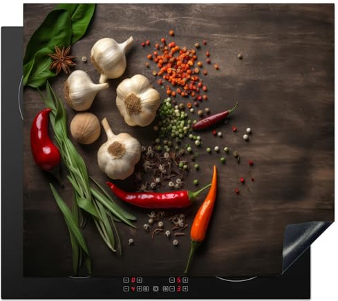 KitchenYeah© Herdabdeckplatte Einteilig Ceranfeld Abdeckplatte für Induktionsschutz Ceranfeldabdeckung Vinyl Herdabdeckplatten Pfeffer - Gewürze - Knoblauch - Holzdruck - Kräuter - 60x52 cm