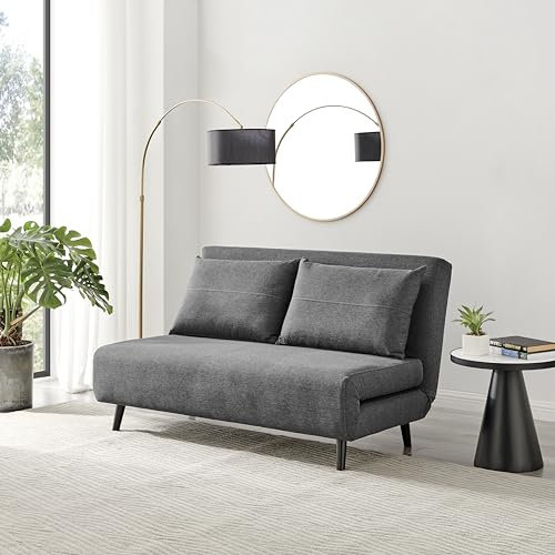 Furniturebox UK Sofa Bed - 'Bobby' Dark Grey Fabric 2 Seat Sofa Unfolds Into Double- Compact Style Traditional Futon Inspiration - Fold Out Bed Guest Bed Living Room Bedroom Guest Furniture