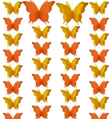 Ruidee 4 Stück Papier Schmetterling Banner 2.8m 3D Schmetterling Girlande zum Aufhängen Bunte Schmetterlings Papiergirlande für Hochzeit,Geburtstag Party Dekoration (HD/Orange)