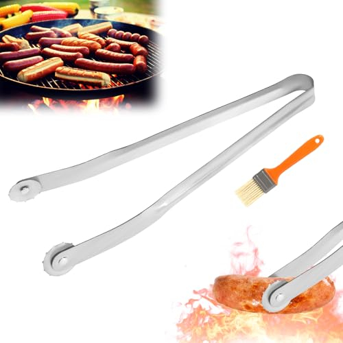BBQ Grillzange Drehbar Grillbürsten, Wurst Grillzange Edelstahl mit Rädchen, 38 cm Hot Dog Zange Leichte Küchenzange zum Grillen Küchenzange für Kochen Backen und Servieren