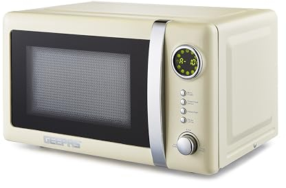 GEEPAS 20 Litre 700W Digital Freestanding Microwave Oven with Variable Power Levels, Automatic Defrost Countertop Microwave with Safety Lock, 12 Preset Cooking Functions | Cream | Retrovive