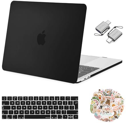 MOSISO Hülle Kompatibel mit MacBook Pro 13 Zoll M2 2024-2016 M1 Chip A2338 A2251 A2289 A2159 A1989 A1708 A1706, Plastik Hartschale Case&Tastaturabdeckung&&Laptop Aufkleber&Type C Adapter, Schwarz