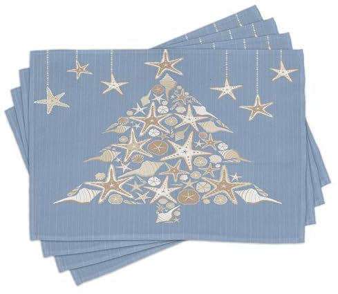 Ambesonne Christmas Place Mats Set of 8, Nautical Elements Sea Life Theme with Noel Tree Winter Season, Washable Fabric Placemats for Dining Table, Placemat 8 pcs, Beige Cream