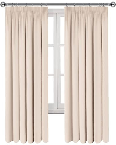 Imperial Rooms Blackout Pencil Pleat Curtains for Bedroom 66 x 90 Drop Inch Cream Curtains Thermal Insulated Window Treatments, 2 Panels with Tiebacks