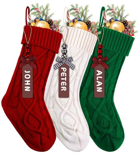 JOISHOP 3pcs Christmas Stockings, 18 Inch Large Knit Christmas Stockings Personalized Xmas Hanging Stocking Decorations with Name Tags for Christmas Fireplace Tree Decorations