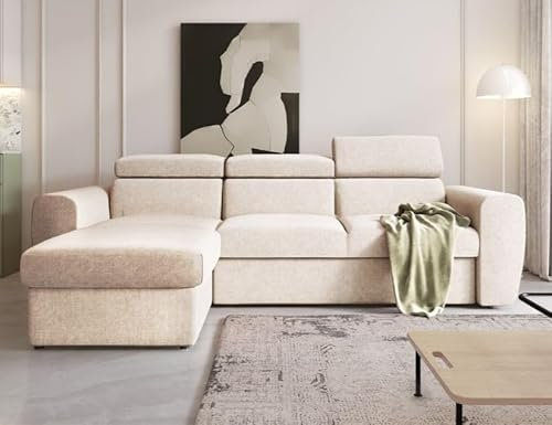 MODERNO Ecksofa mit Schlaffunktion Napoli - Sofa mit Bettkasten - Schlafcouch L-Form - Modern Couch 268x176x88 cm - Creme