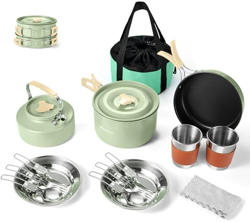 Odoland Camping Cookware Set Non-Stick Pot and Pan Set with Kettle, Stainless Steel Utensils Mess Kit, Cups Plates Knives Spoons Forks for Outdoor Cooking
