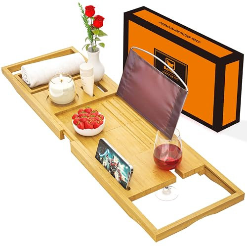 Plateau de baignoire extensible de qualité supérieure - En bois de bambou - Compatible avec la plupart des baignoires