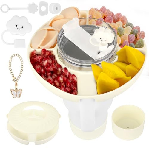 JINZUNRUI Snack Bowl with Lid and 4 Compartments for Stanley Cup 40 oz, Silicone Snack Plate with 6 Pieces Stanley Cup Accessories, Stanley Cup Plate, Snack Tray for Cinema Camping Car Nuts Candy,