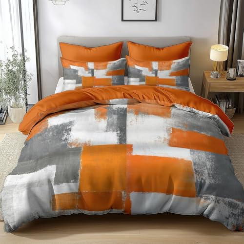 Generisch Bettwäsche 180x200cm Abstraktes Gemälde Orange Grau Bettbezug Set, Weich Atmungsaktiv Polyester Baumwolle Bettwäsche 3 teilig, für Erwachsene Kinder mit 2 Kissenbezug 80x80 cm