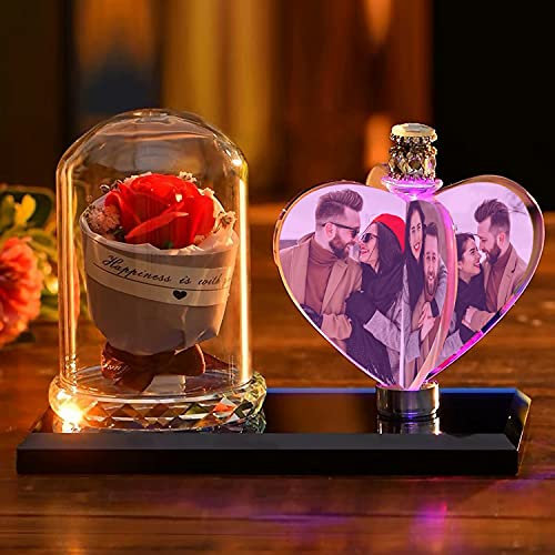 Impression en cristal personnalisée avec votre décoration de bureau photo et cadre en verre transparent Motif rose rouge Cadeau idéal (17,8 x 15,7 cm)