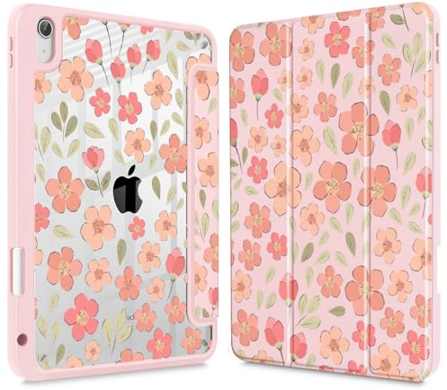 May Chen for iPad (A16) 11-inch 11th Generation 2025, iPad 10th Generation Case 10.9 inch for Kids, Built-in Pencil Holder with Shockproof Cover Clear Back Shell Auto Wake/Sleep, Pink Small Flowers