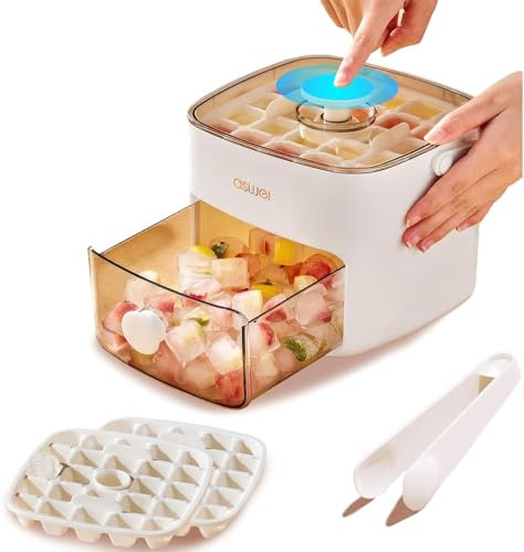 Abnaok Ice Cube Tray with Lid & Bin, Bpa Free Food-Grade Ice Cube Moulds, Makes 48 Ice Cubes, Release All Ice Cubes in One Second, Reusable Ice Cube Maker for Whiskey Cocktail