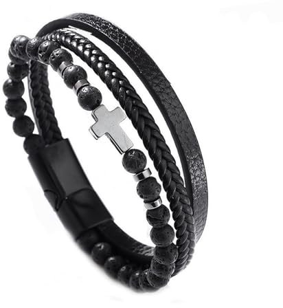 Oykrueats Armband Herren Schwarz,Kreuz Jesus Christusherren Armband,Naturstein Magnetverschluss Herren Leder,Verstellbaren Kreuz Men's Bracelets,Für Männer Christen Großväter Väter Onkel Brüder