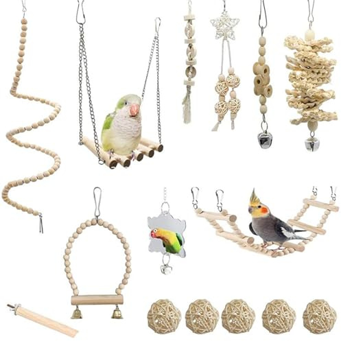 Vogelspielzeug für Sittiche Wellensittiche, Vogelkäfig-Zubehör Spielzeug Barsch LeiterKauspielzeug Hängematte für Sittiche, Holzpapageienspielzeug Papageienvogelkauen Naturholz Geeignet (15PCS)