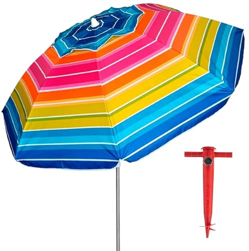 Pincho Sombrilla Playa Grande 220cm, Antiviento hasta 35km/h, Proteccion UV50+, Aluminio, 8+8 Varillas de Fibra, Ventana Superior, Inclinable, Ligera, Bolsa Transporte (COLOR 4)