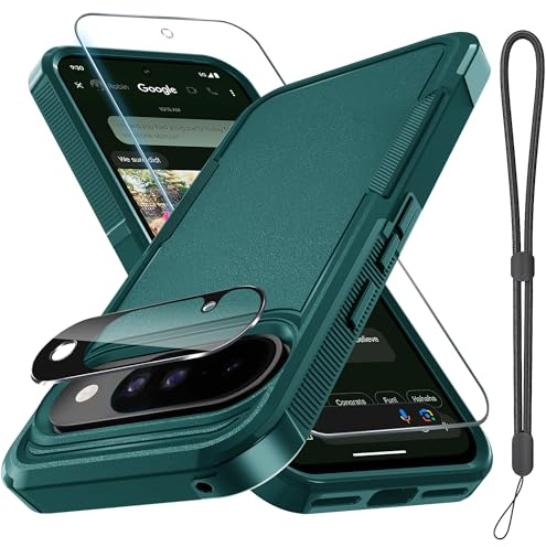 RMOCR for Google Pixel 10 & Pixel10 Pro Case with Lanyard Strap,Dark Green | with Tempered Glass Screen Protector+Camera Lens Cover,Full Body Heavy Duty Rugged Shockproof Protective Phone Cover