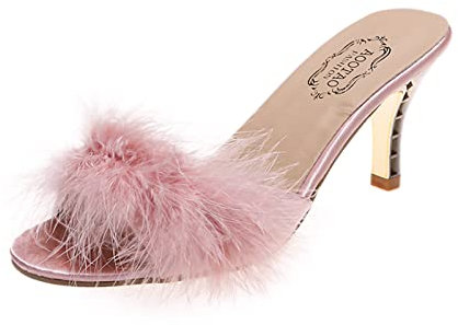 Escarpins à plumes élégantes pour femme avec talon haut Sandales compensées à enfiler Sandales d'été Chaussures de soirée Chaussures de loisirs confortables Chaussures de fête Taille 37-42, Rose, 37